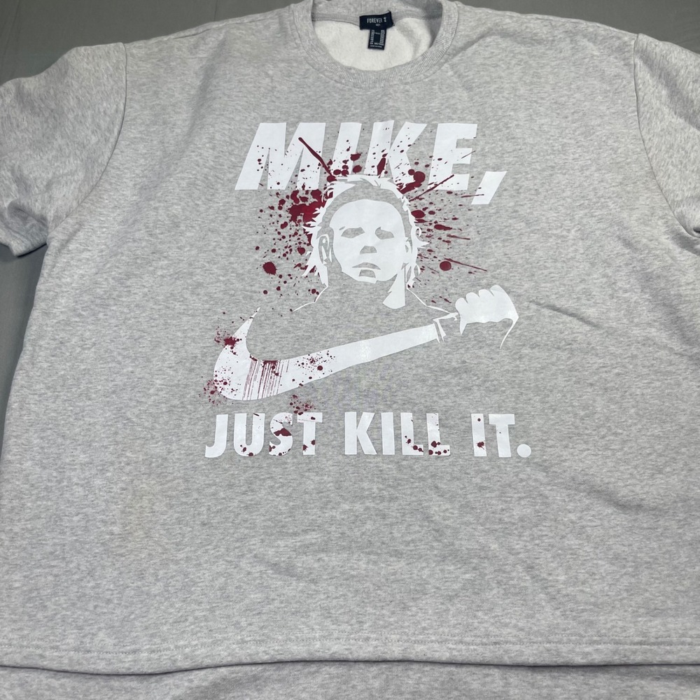 Forever 21 Men XXL Michael Myers Graphic Short Sleeve Sweatshirt Gray Halloween
